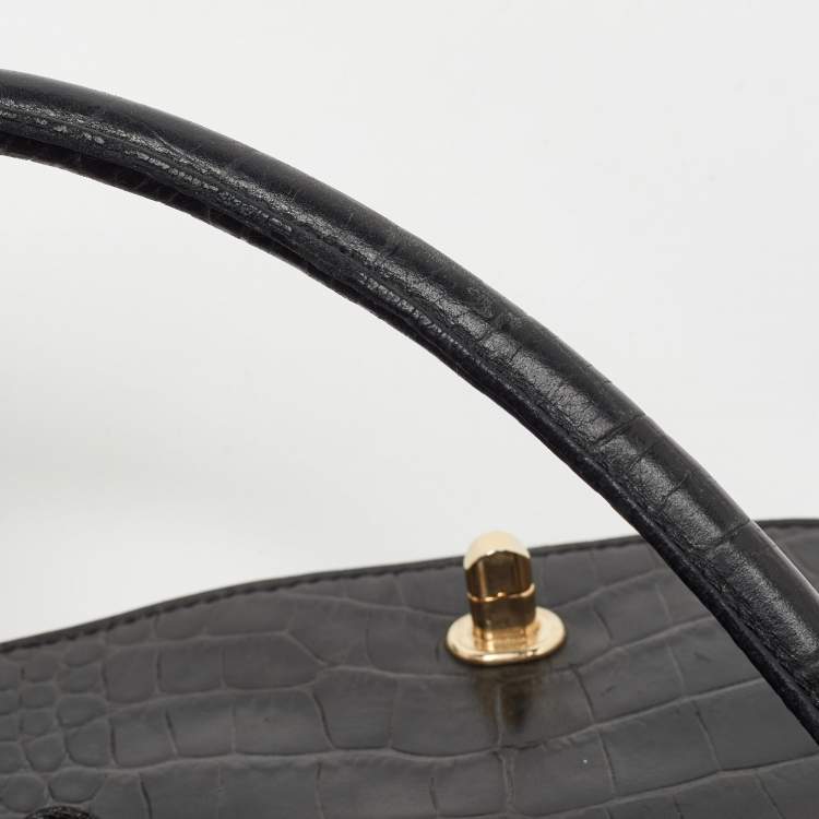 مملوكة مسبقًا Fendi Black/Beige Pequin Striped Velvet and Croc Embossed Leather Magic Top Handle Bag