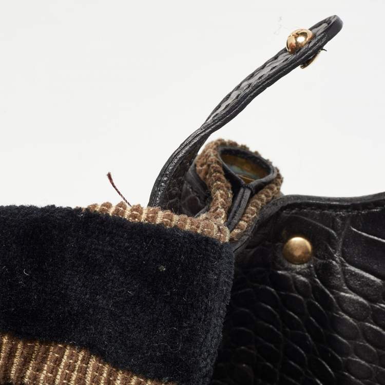 مملوكة مسبقًا Fendi Black/Beige Pequin Striped Velvet and Croc Embossed Leather Magic Top Handle Bag