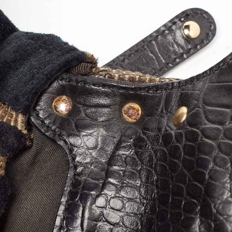 مملوكة مسبقًا Fendi Black/Beige Pequin Striped Velvet and Croc Embossed Leather Magic Top Handle Bag