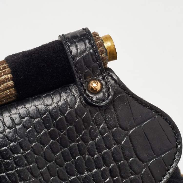 مملوكة مسبقًا Fendi Black/Beige Pequin Striped Velvet and Croc Embossed Leather Magic Top Handle Bag