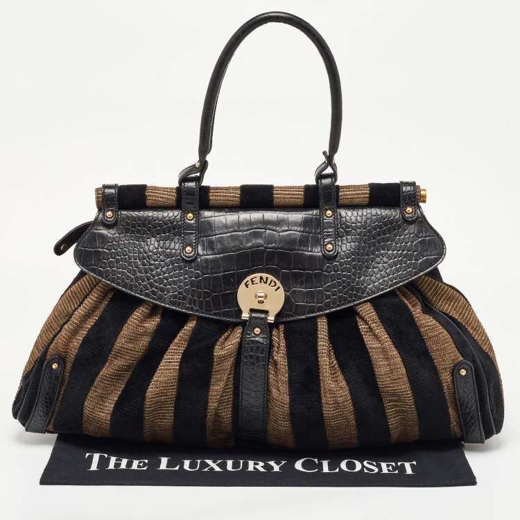 مملوكة مسبقًا Fendi Black/Beige Pequin Striped Velvet and Croc Embossed Leather Magic Top Handle Bag