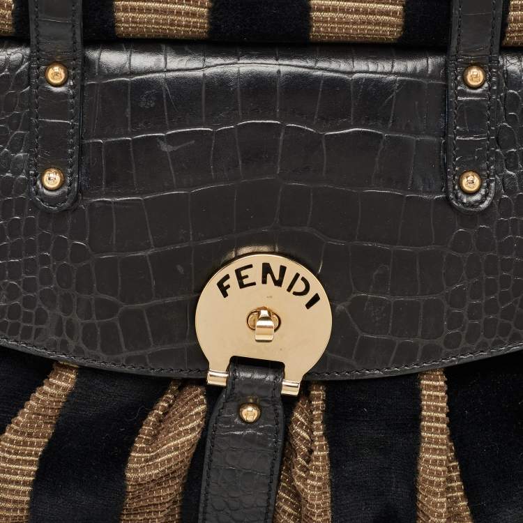 مملوكة مسبقًا Fendi Black/Beige Pequin Striped Velvet and Croc Embossed Leather Magic Top Handle Bag