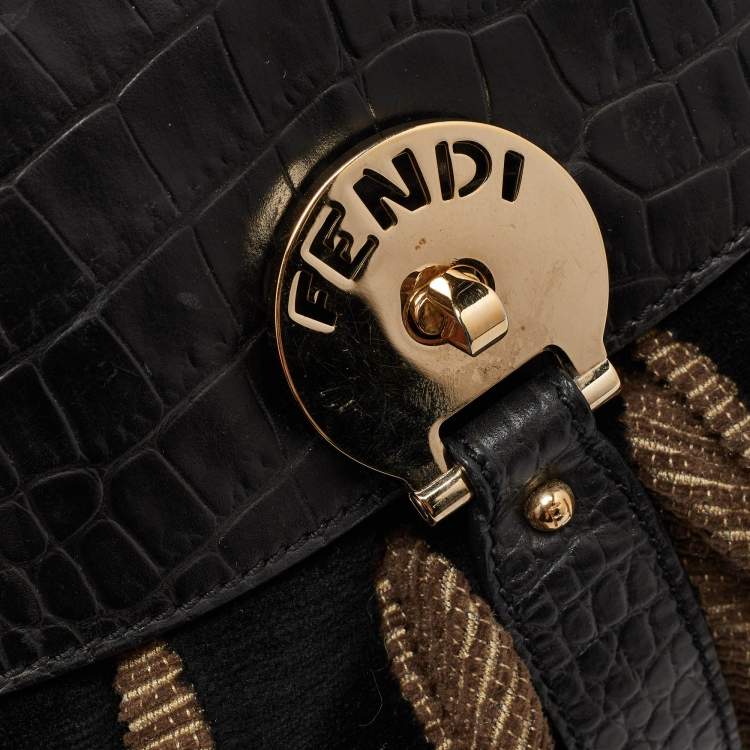 مملوكة مسبقًا Fendi Black/Beige Pequin Striped Velvet and Croc Embossed Leather Magic Top Handle Bag