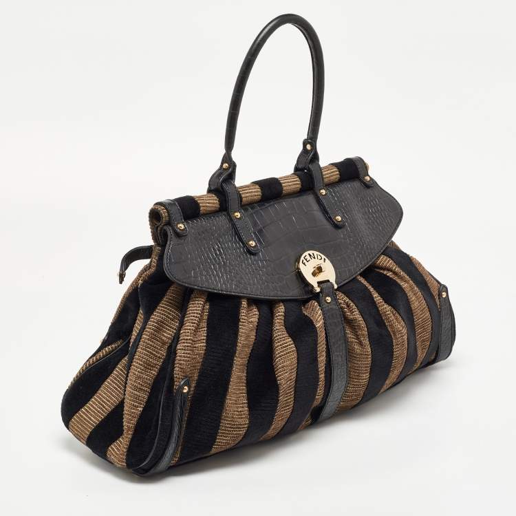 مملوكة مسبقًا Fendi Black/Beige Pequin Striped Velvet and Croc Embossed Leather Magic Top Handle Bag