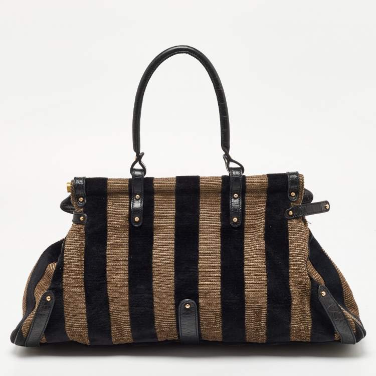 مملوكة مسبقًا Fendi Black/Beige Pequin Striped Velvet and Croc Embossed Leather Magic Top Handle Bag