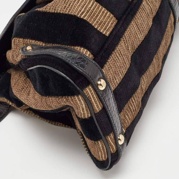 مملوكة مسبقًا Fendi Black/Beige Pequin Striped Velvet and Croc Embossed Leather Magic Top Handle Bag