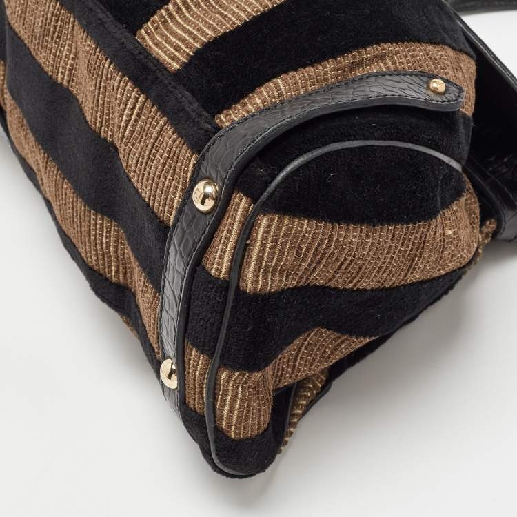 مملوكة مسبقًا Fendi Black/Beige Pequin Striped Velvet and Croc Embossed Leather Magic Top Handle Bag