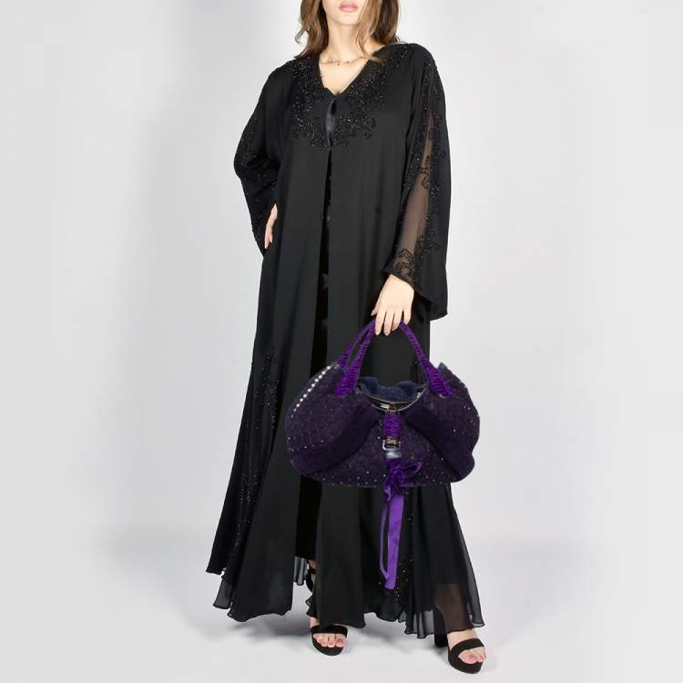 Pre Owned Fendi Purple Mesh,Velvet and Alligator Pearl Embellished Spy Hobo