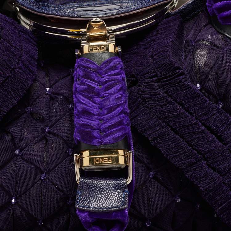 Pre Owned Fendi Purple Mesh,Velvet and Alligator Pearl Embellished Spy Hobo