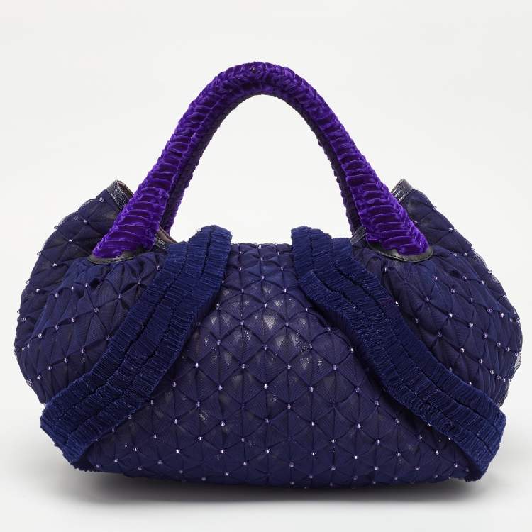 Pre Owned Fendi Purple Mesh,Velvet and Alligator Pearl Embellished Spy Hobo