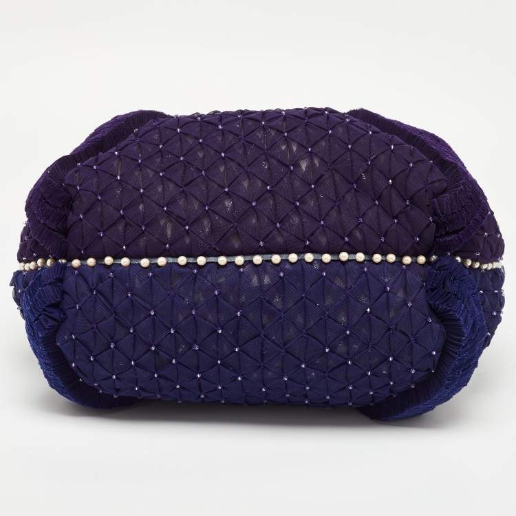 Pre Owned Fendi Purple Mesh,Velvet and Alligator Pearl Embellished Spy Hobo