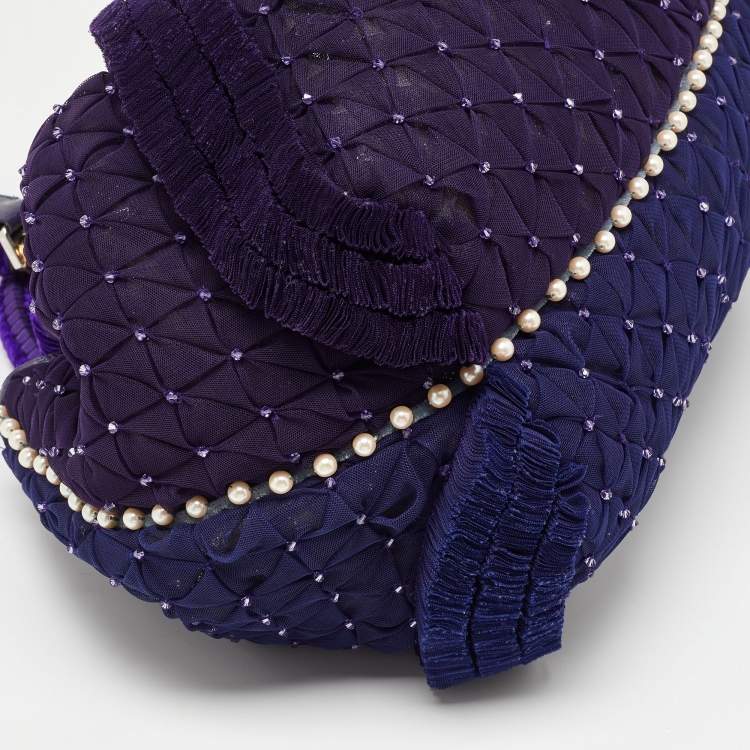 Pre Owned Fendi Purple Mesh,Velvet and Alligator Pearl Embellished Spy Hobo