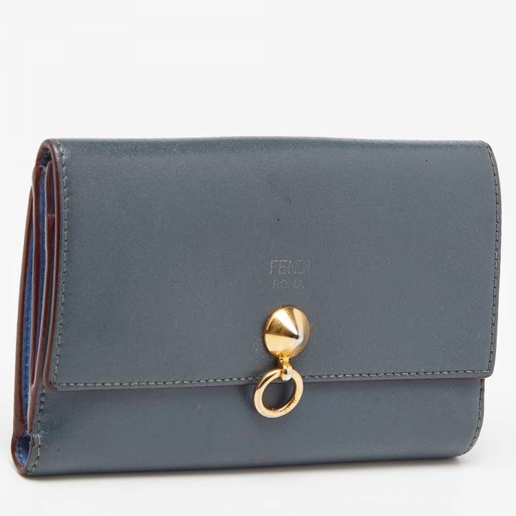 Pre Owned Fendi Grey Leather Trifold Compact Wallet