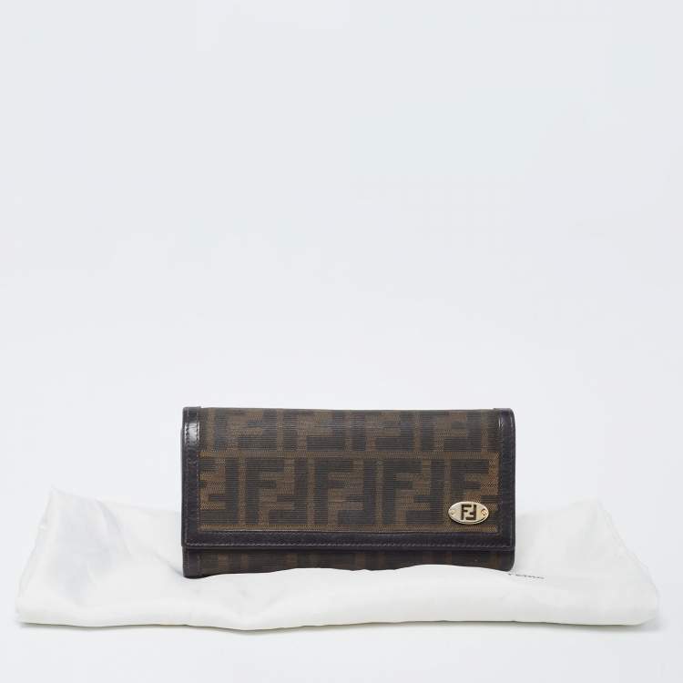 Pre Owned Fendi Dark Brown/Tobacco Zucca Canvas and Leather Trifold Continental Wallet