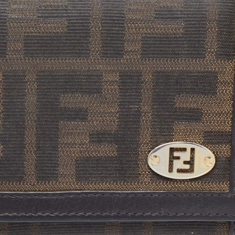 Pre Owned Fendi Dark Brown/Tobacco Zucca Canvas and Leather Trifold Continental Wallet