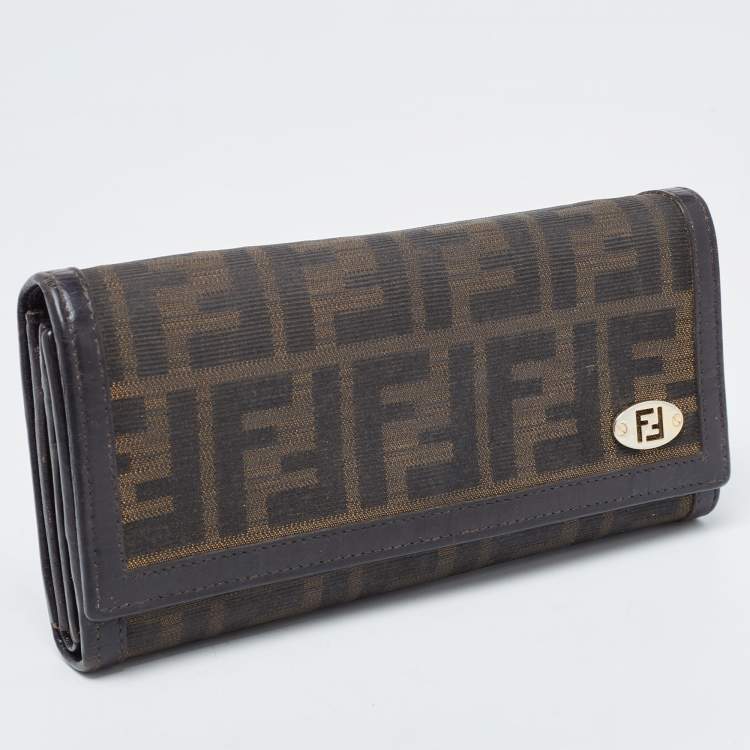 Pre Owned Fendi Dark Brown/Tobacco Zucca Canvas and Leather Trifold Continental Wallet