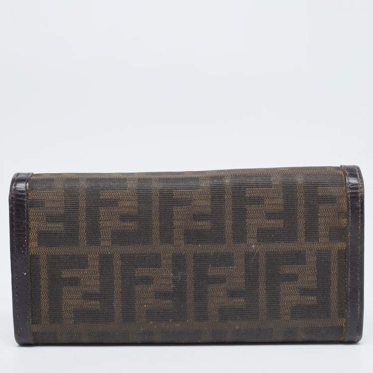 Pre Owned Fendi Dark Brown/Tobacco Zucca Canvas and Leather Trifold Continental Wallet