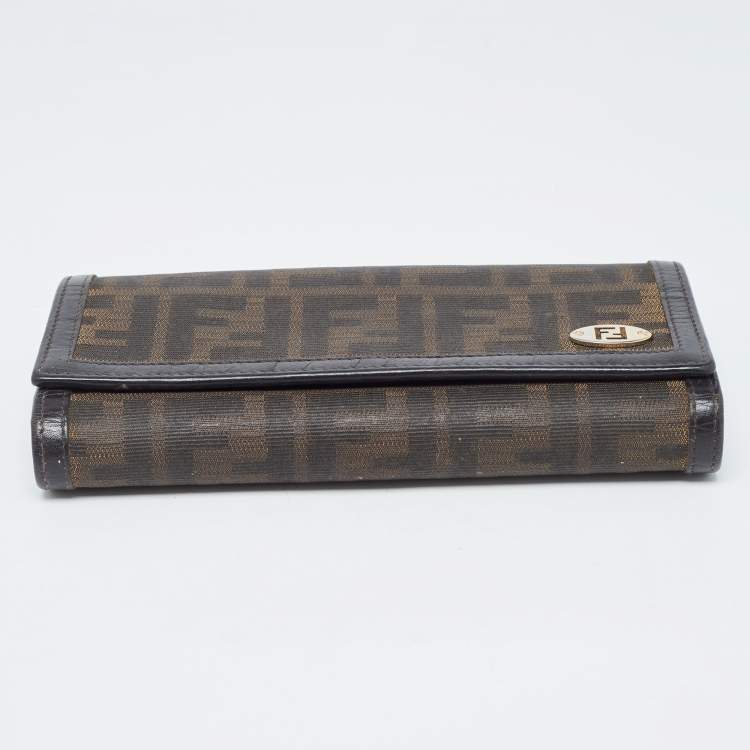 Pre Owned Fendi Dark Brown/Tobacco Zucca Canvas and Leather Trifold Continental Wallet