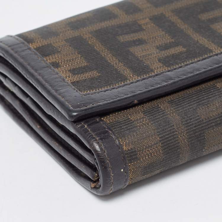 Pre Owned Fendi Dark Brown/Tobacco Zucca Canvas and Leather Trifold Continental Wallet