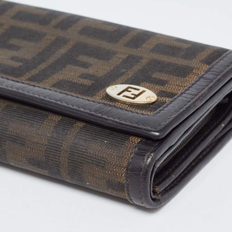Pre Owned Fendi Dark Brown/Tobacco Zucca Canvas and Leather Trifold Continental Wallet