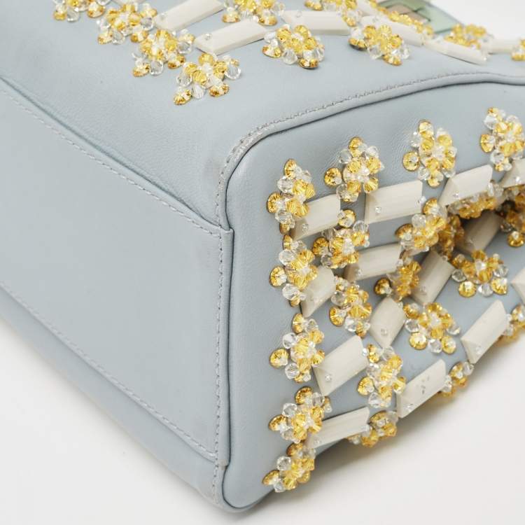 Pre Owned Fendi Sky Blue Leather Mini Crystal Embellished Peekaboo Top Handle Bag