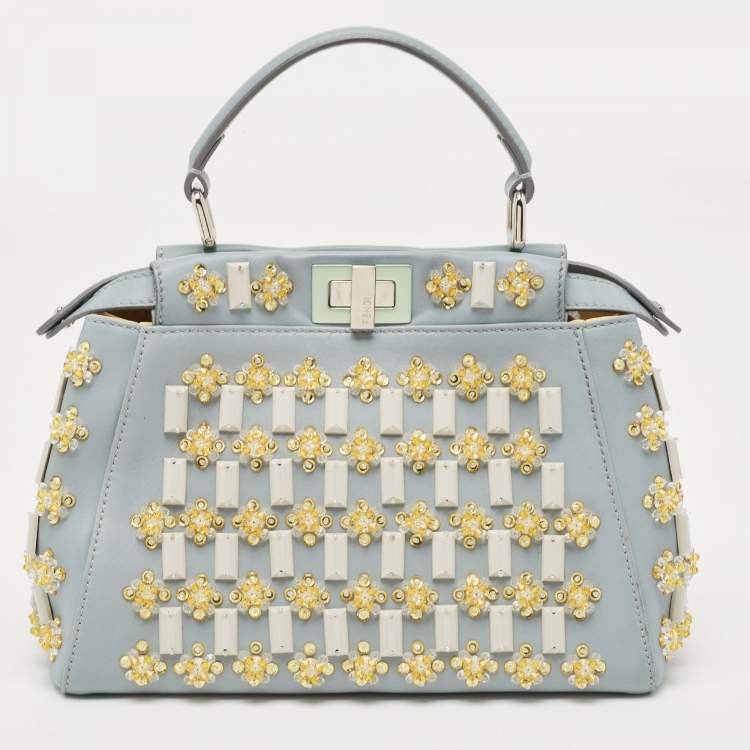 Pre Owned Fendi Sky Blue Leather Mini Crystal Embellished Peekaboo Top Handle Bag