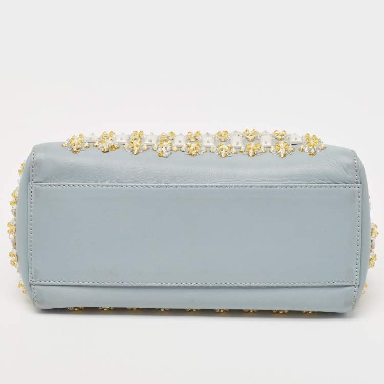 Pre Owned Fendi Sky Blue Leather Mini Crystal Embellished Peekaboo Top Handle Bag