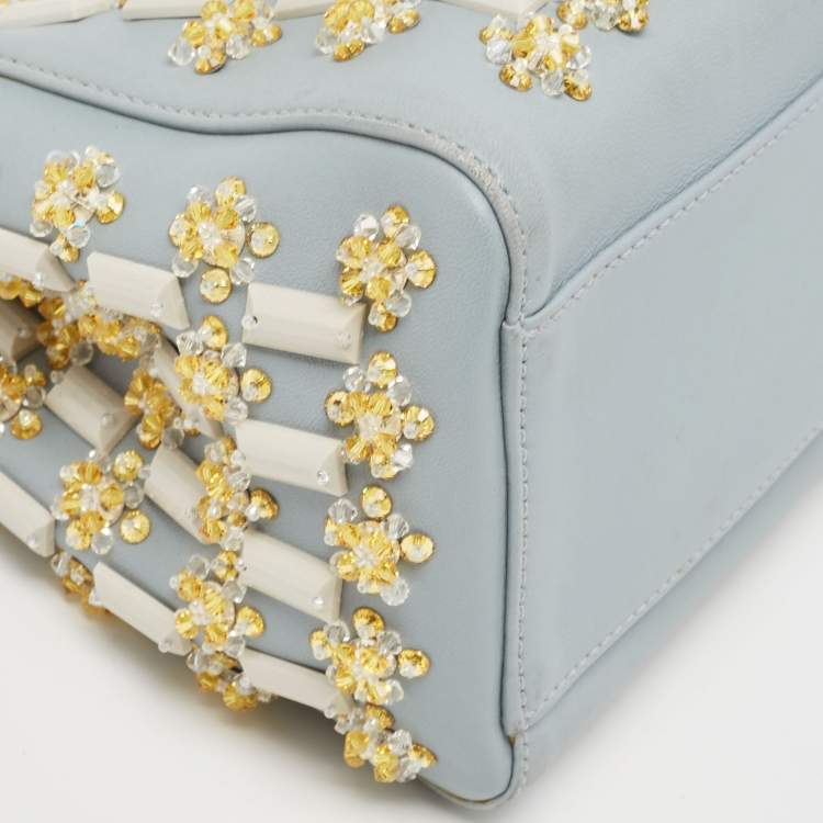 Pre Owned Fendi Sky Blue Leather Mini Crystal Embellished Peekaboo Top Handle Bag