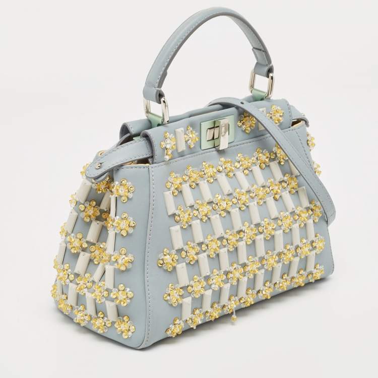 Pre Owned Fendi Sky Blue Leather Mini Crystal Embellished Peekaboo Top Handle Bag