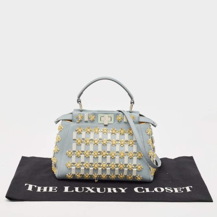 Pre Owned Fendi Sky Blue Leather Mini Crystal Embellished Peekaboo Top Handle Bag