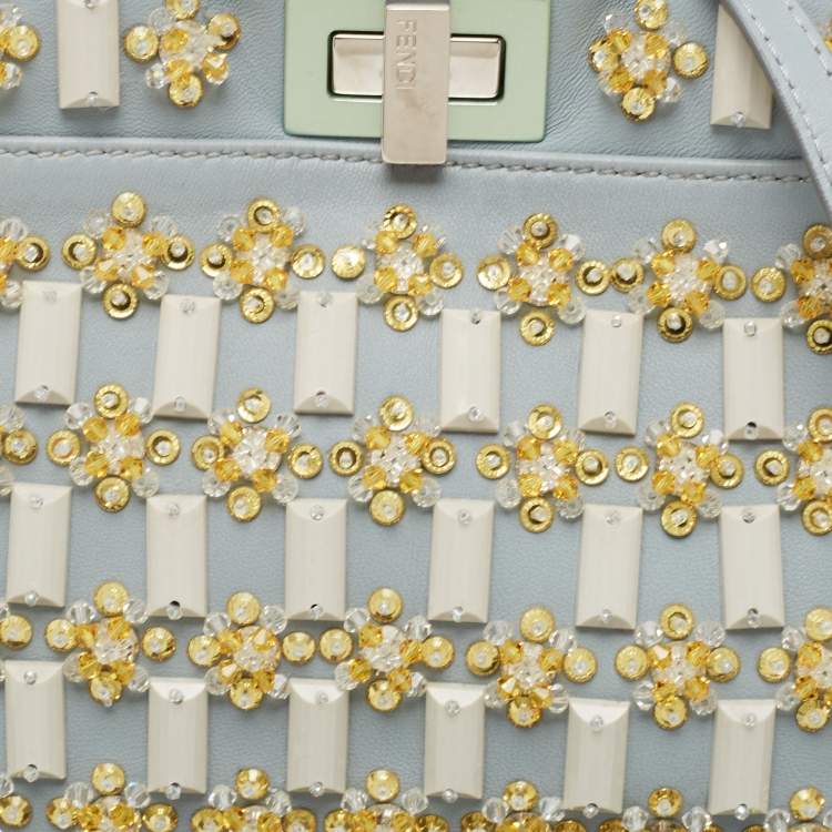 Pre Owned Fendi Sky Blue Leather Mini Crystal Embellished Peekaboo Top Handle Bag