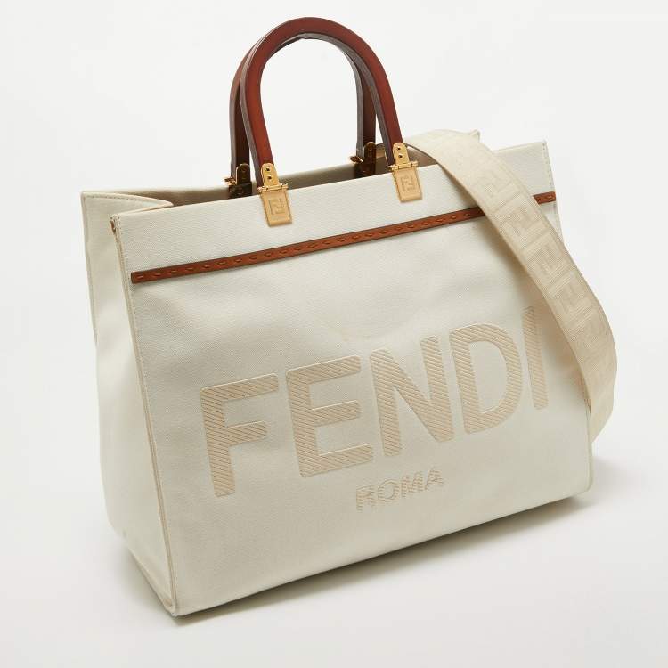 Pre Owned Fendi Off White Canvas and Leather Medium Sunshine Tote
