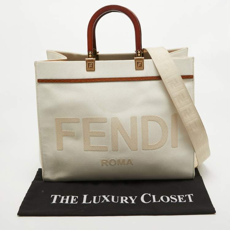 Pre Owned Fendi Off White Canvas and Leather Medium Sunshine Tote