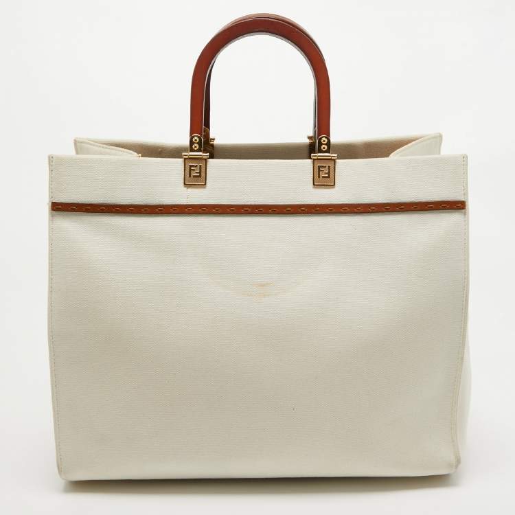 Pre Owned Fendi Off White Canvas and Leather Medium Sunshine Tote
