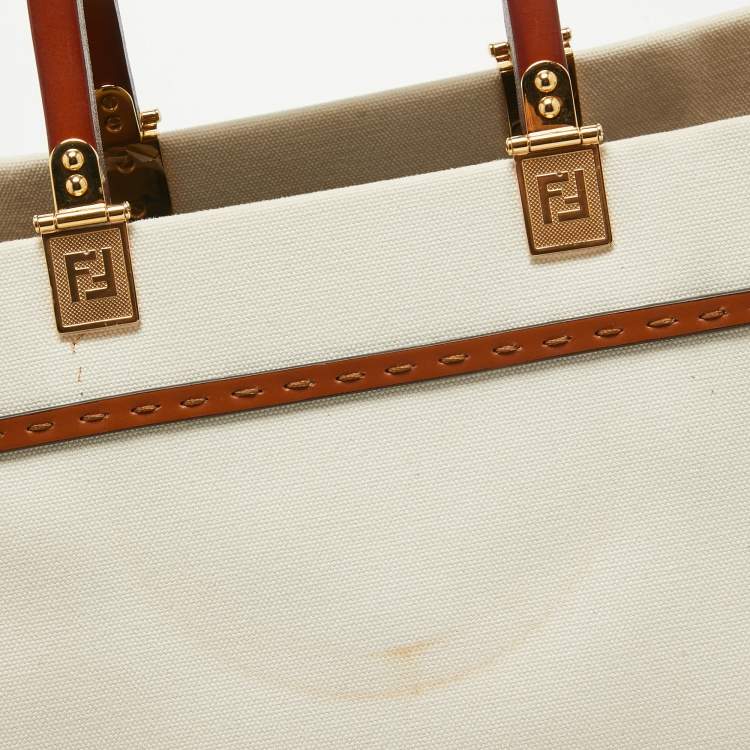 Pre Owned Fendi Off White Canvas and Leather Medium Sunshine Tote