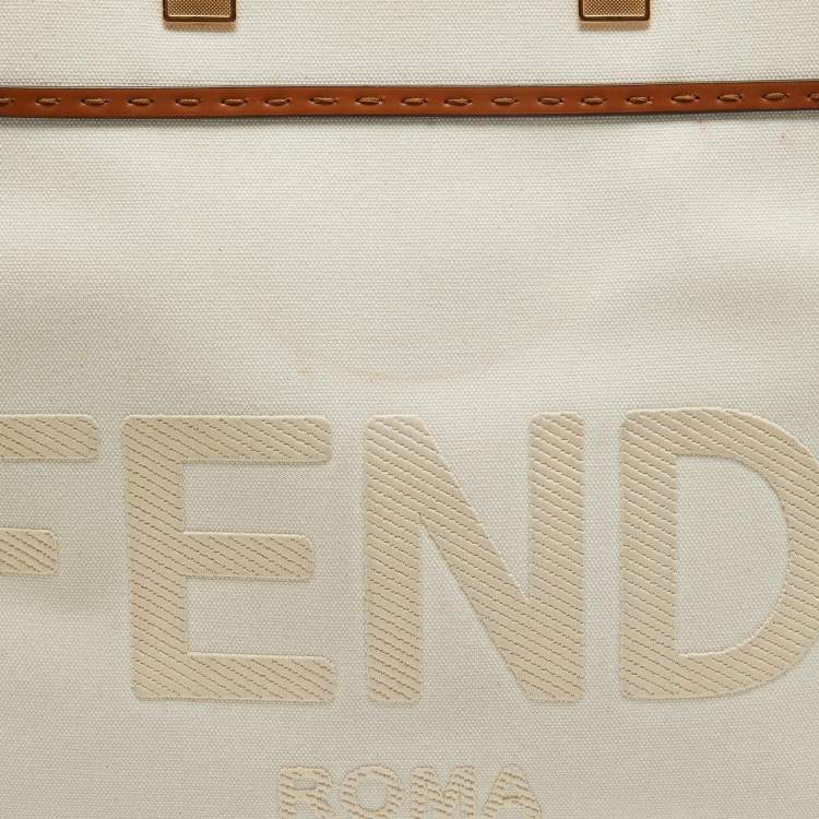 Pre Owned Fendi Off White Canvas and Leather Medium Sunshine Tote