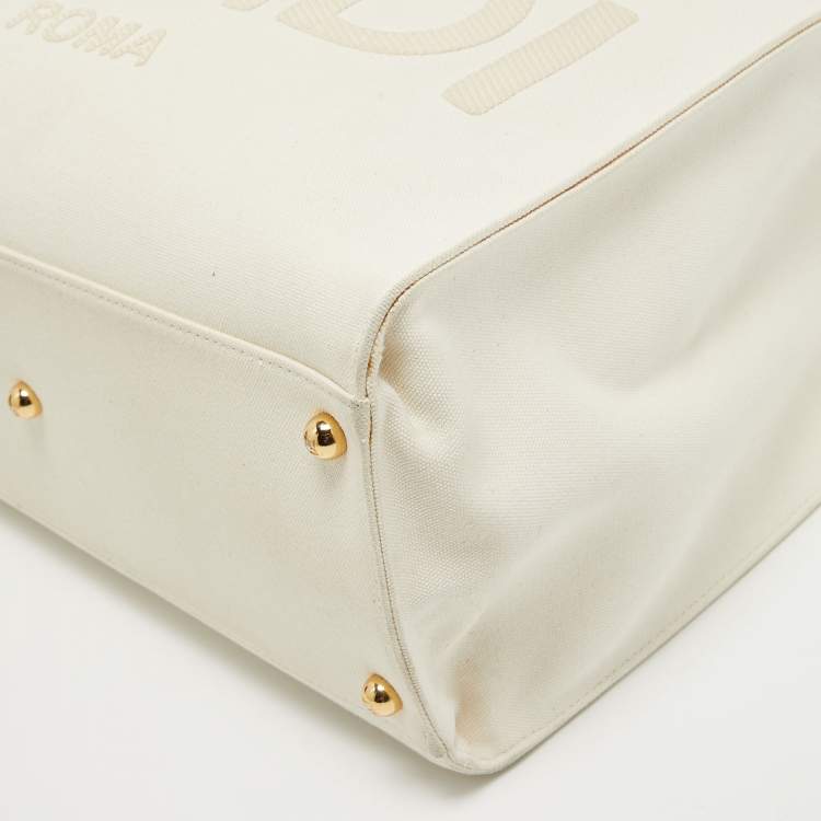 Pre Owned Fendi Off White Canvas and Leather Medium Sunshine Tote