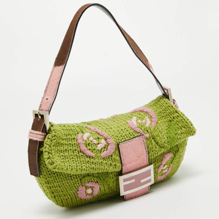 Pre Owned Fendi Green/Pink Crochet and Calf Hair Baguette Bag