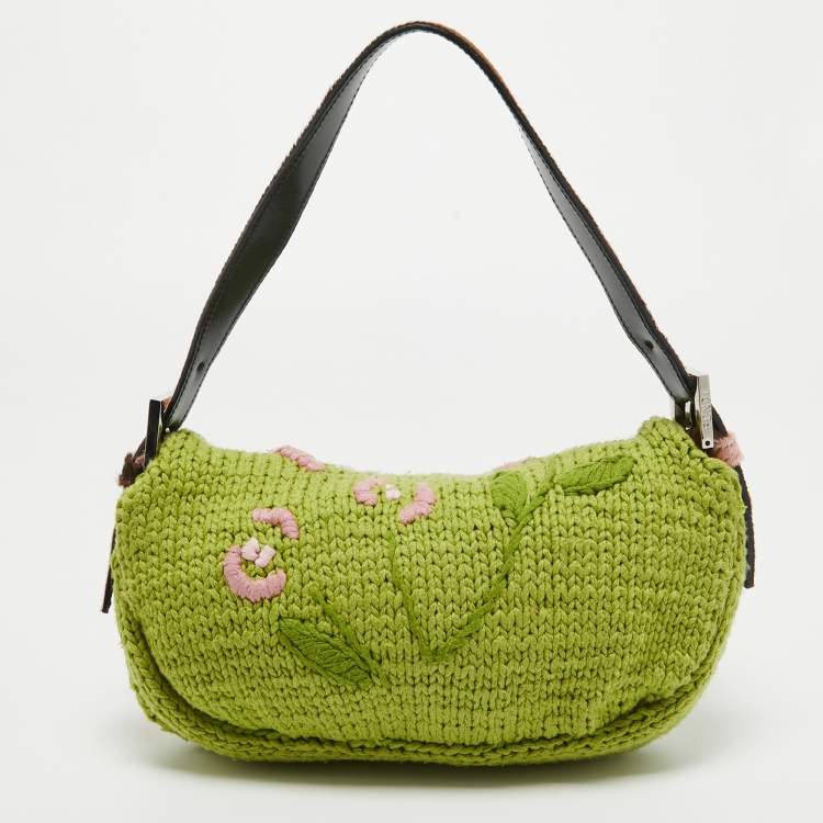 Pre Owned Fendi Green/Pink Crochet and Calf Hair Baguette Bag