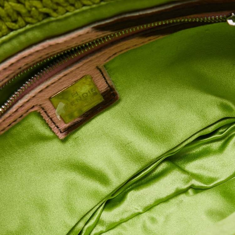 Pre Owned Fendi Green/Pink Crochet and Calf Hair Baguette Bag