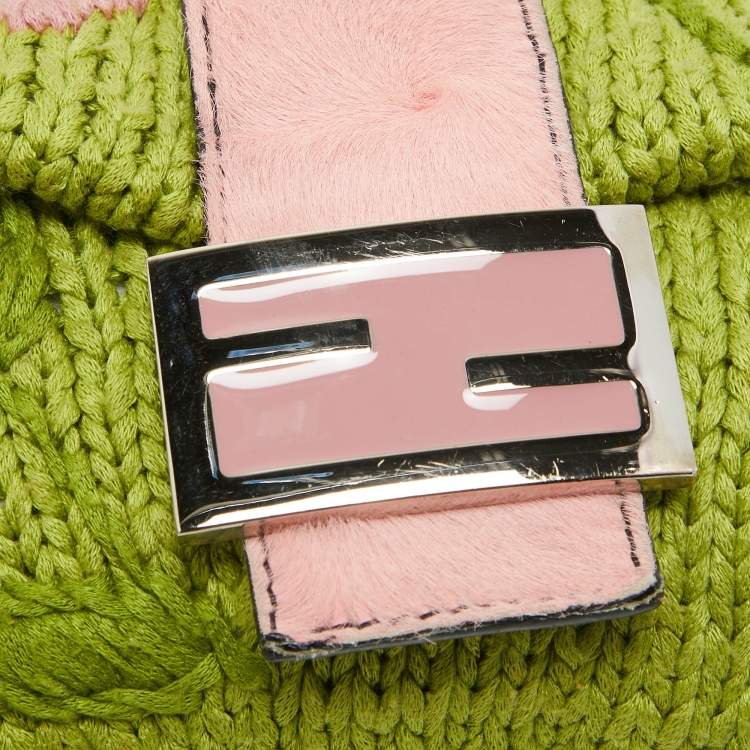 Pre Owned Fendi Green/Pink Crochet and Calf Hair Baguette Bag