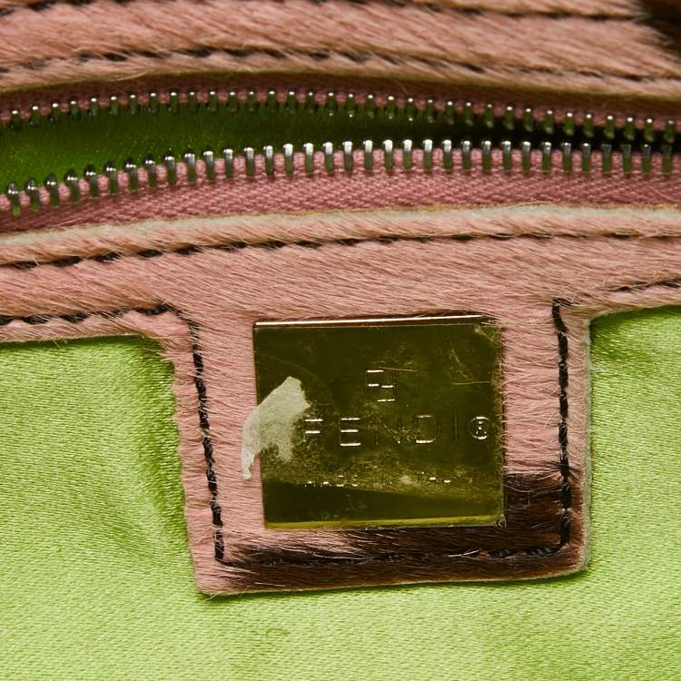 Pre Owned Fendi Green/Pink Crochet and Calf Hair Baguette Bag