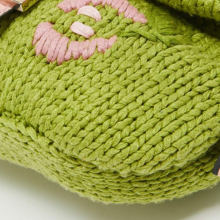 Pre Owned Fendi Green/Pink Crochet and Calf Hair Baguette Bag