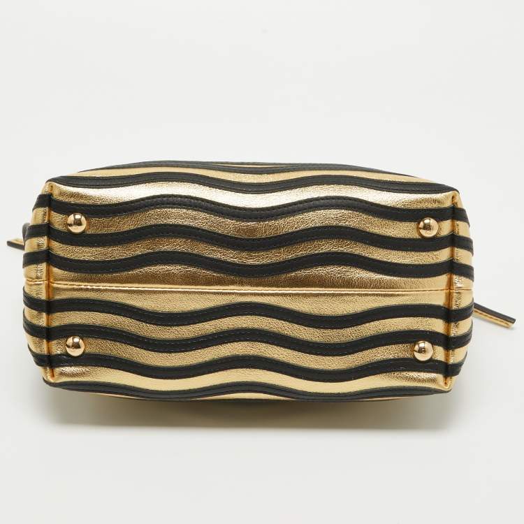 Pre Owned Fendi Gold/Black Leather Small Gold Edition Dotcom Click Top Handle Bag
