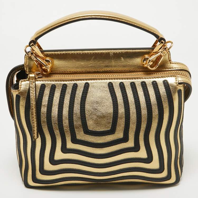 Pre Owned Fendi Gold/Black Leather Small Gold Edition Dotcom Click Top Handle Bag