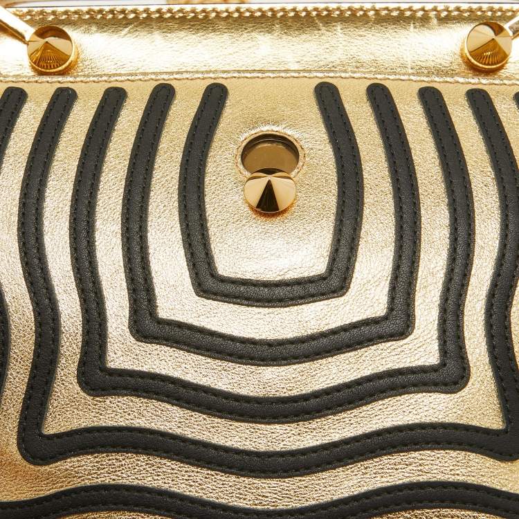 Pre Owned Fendi Gold/Black Leather Small Gold Edition Dotcom Click Top Handle Bag