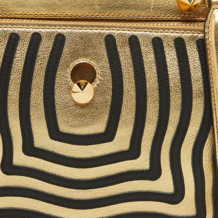 Pre Owned Fendi Gold/Black Leather Small Gold Edition Dotcom Click Top Handle Bag