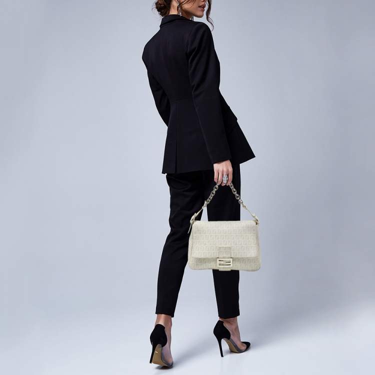 Pre Owned Fendi Off White Zucchino Coated Canvas Mama Forever Shoulder Bag