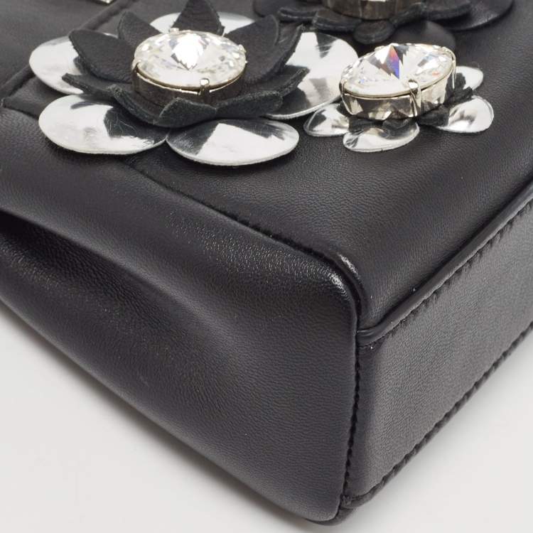 Pre Owned Fendi Black Leather Micro Crystal Embellished Peekaboo Crossbody Bag