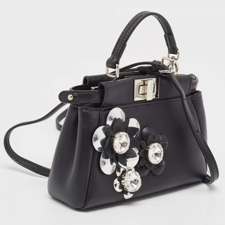 Pre Owned Fendi Black Leather Micro Crystal Embellished Peekaboo Crossbody Bag